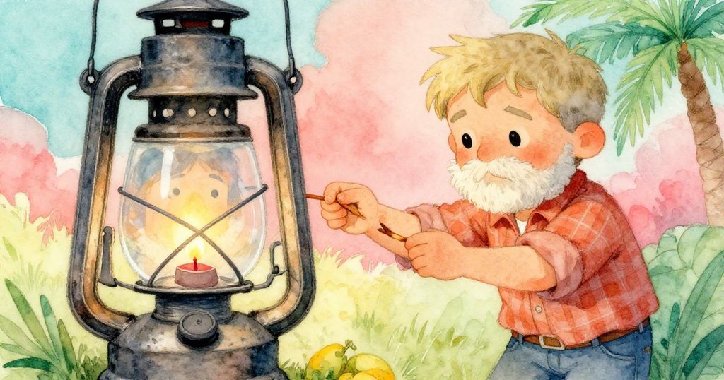 羅賓專注點燃隱藏燈芯，露營燈玻璃內映出他堅定面容，火光閃爍中展示故事轉折