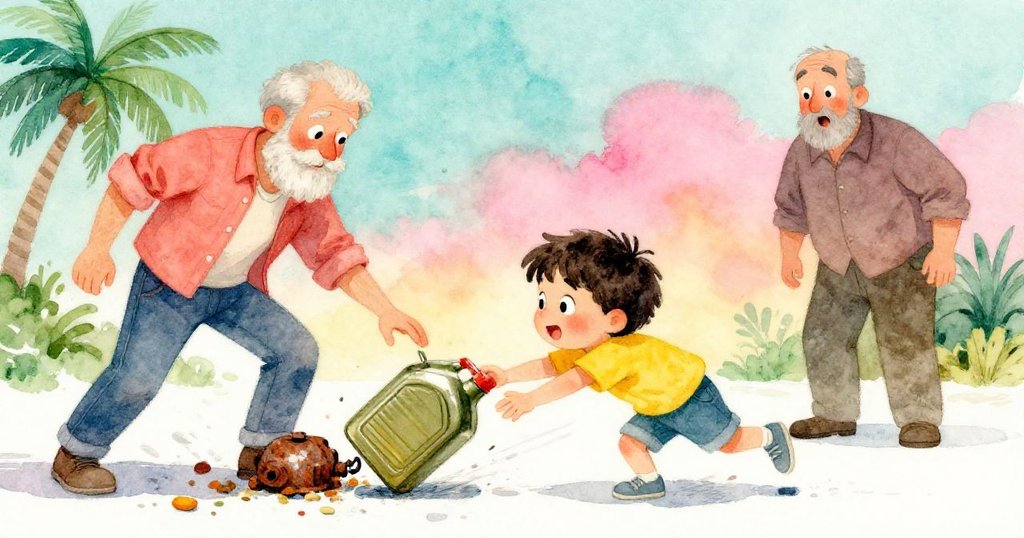 好奇小孩輕觸油罐使其滾向燃油蓋，羅賓驚喜注視，動態場景充滿童趣與活力