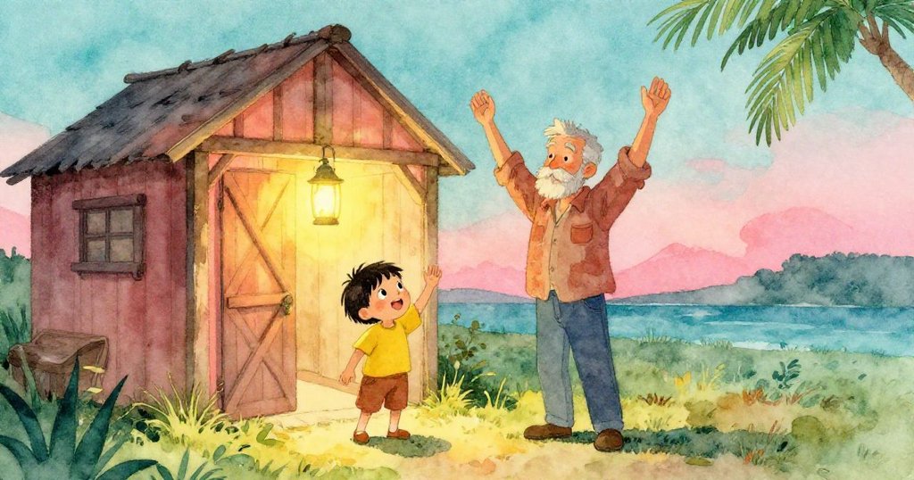 羅賓於夜晚作坊前舉臂慶勝，小孩揮手告別，燈光溫暖地映照著昔日回憶，故事圓滿結束