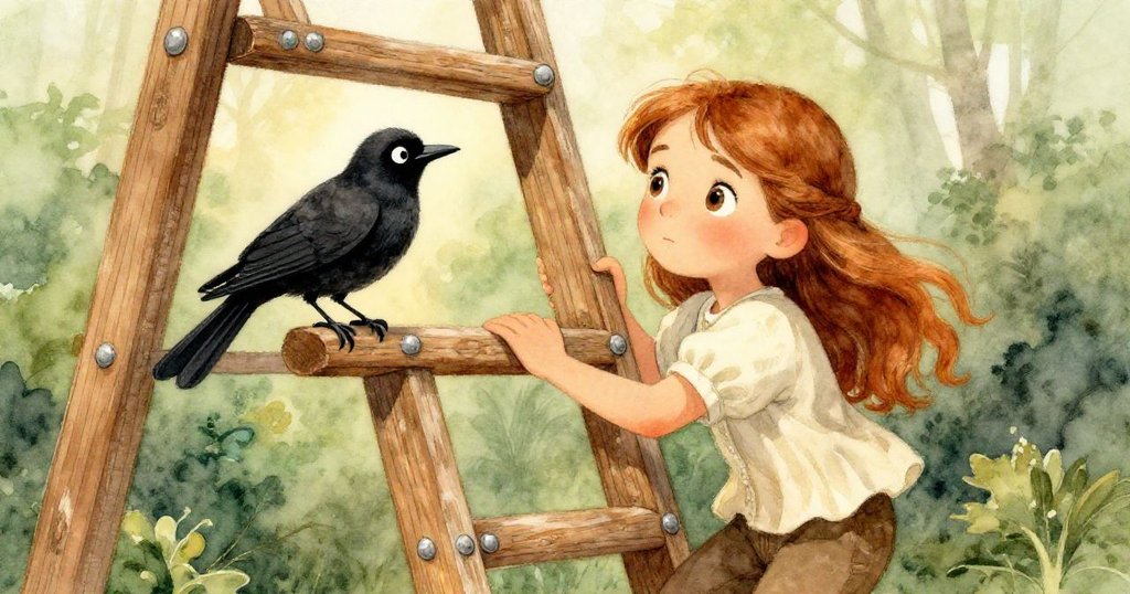 Amber正在攀爬吱吱作響的木梯,專注面容露出堅定神情,一隻黑鳥警覺地停在欄杆上注視著她。