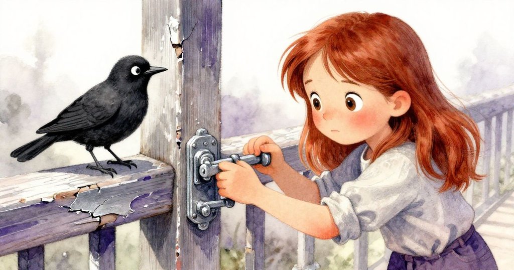 Amber專注地用手掌敲打鐵扣上的斑駁油漆,臉上循著決心與焦慮,旁邊黑鳥靜靜注視。