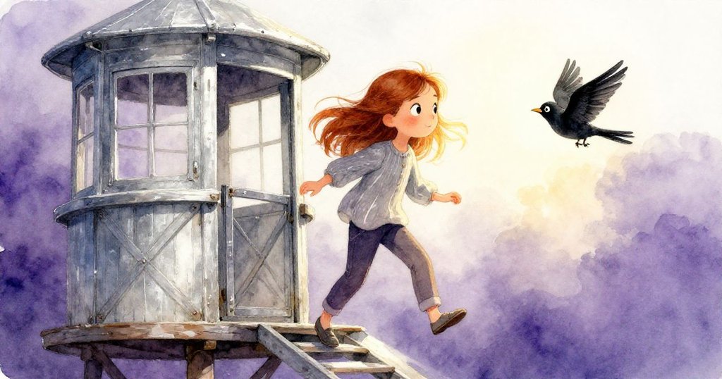 Amber邁上開啟的觀景台門,微風拂動散亂髮絲,黑鳥輕盈飛舞守護其側,臉上洋溢著成就感。