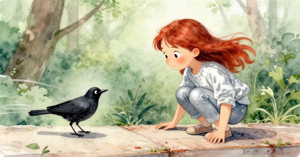 Amber蹲下調整身形以求平衡,微風拂面,黑鳥輕輕降落伴隨其側,臉上流露著專注與安慰。