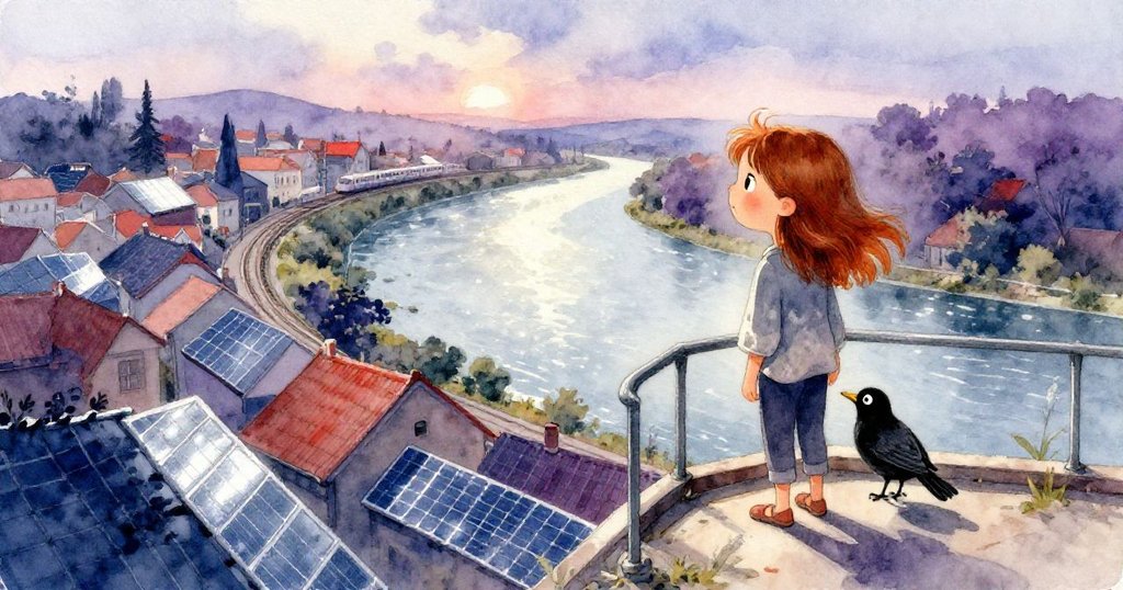 Amber在觀景台上靜立欣賞遠方河流閃爍光芒、屋頂熠熠生輝及銀條太陽能板散發光輝,臉上滿懷驚豔與滿足。