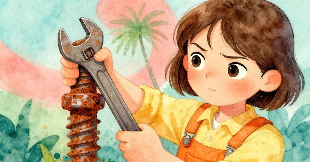Mia專注握著扳手，靠近鏡頭展示生鏽螺栓細節，汗水微現，金屬光澤與挑戰感呼之欲出。