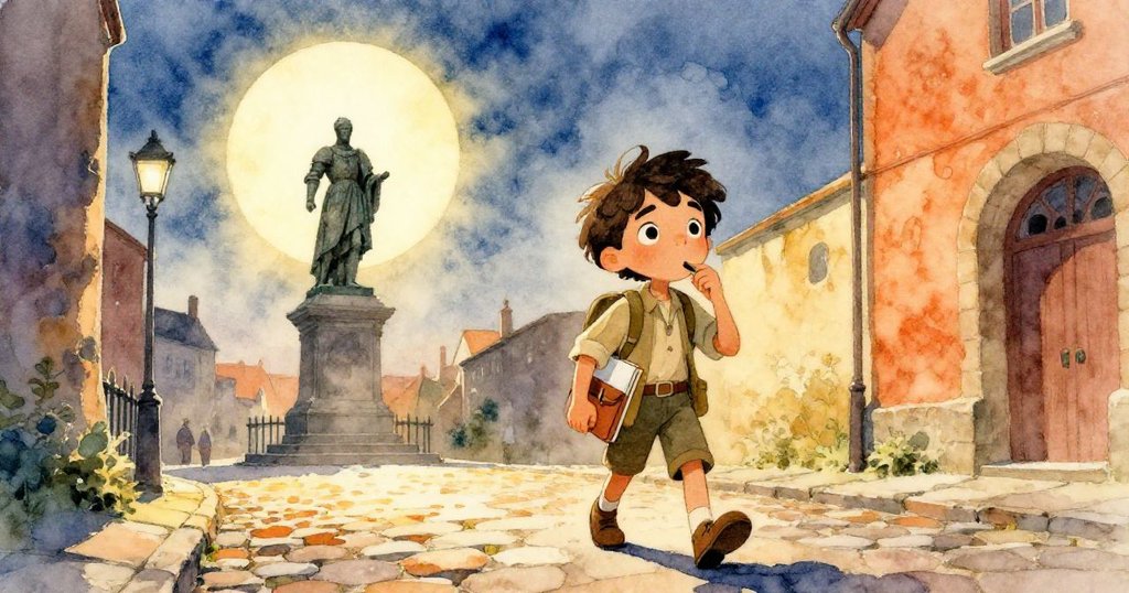 Rowan 穿越鵝卵石街道,凝視遠方古老銅像,夕陽戲劇性光影下展露堅定表情,展開冒險旅程。