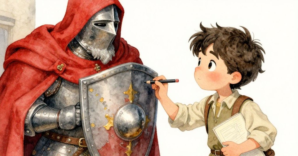 Rowan 靠近古老雕像,仔細觀察斑駁盾牌與鮮紅披風,專注鉛筆記錄歷史痕跡,場景充滿時光層次感。