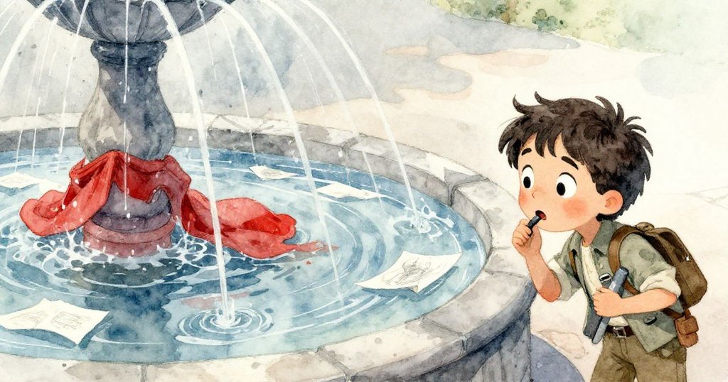 Rowan 在噴泉前驚訝凝視,水花反射出鮮紅披風與潦草素描,展現充滿動感和驚喜的探索瞬間。