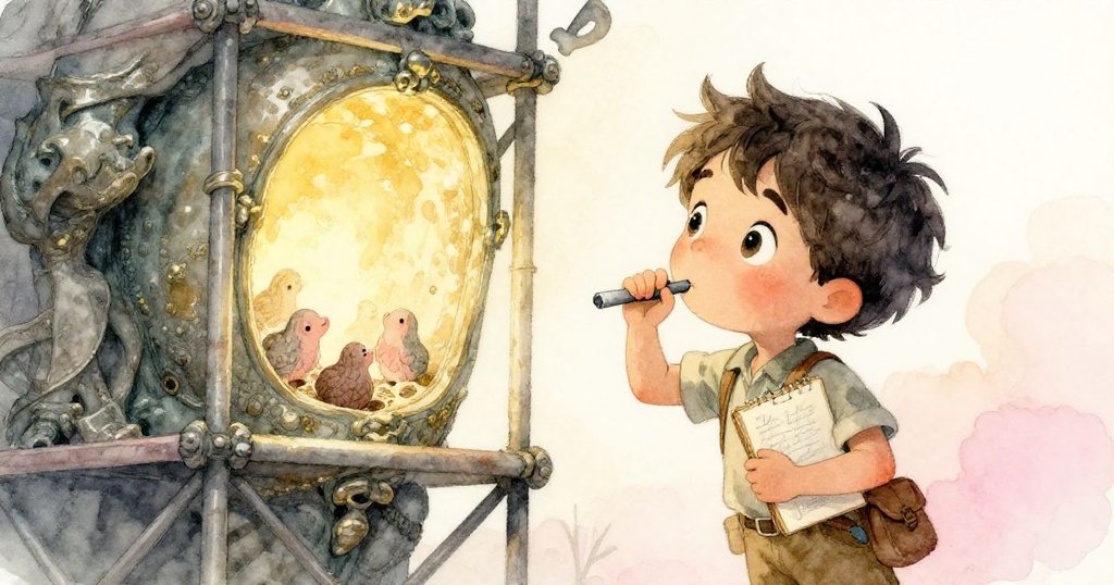 Rowan 踏上鷹架,發現雕像胸前隱藏的光亮空間,裡面有溫暖陽光映照下的小鳥巢與雛鳥,充滿驚奇期待。