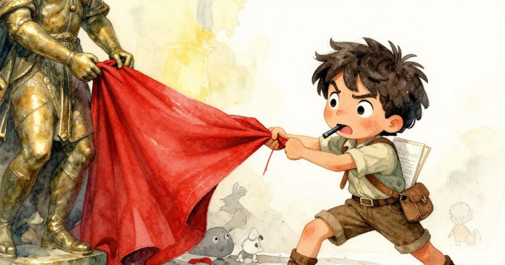 Rowan 努力拉扯搖晃的紅色披風,臉上充滿驚訝與掙扎,雕像與背景營造出緊湊張力的瞬間。