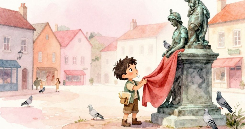 Rowan 平靜整理手稿與披風,站在寧靜的廣場上,鴿子落在古銅像上,象徵平穩溫馨結局,夕陽映照。