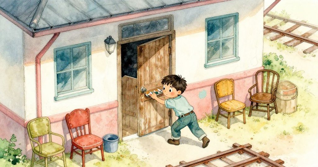 Julian從高空視角推門進入老舊車庫,背景有散落椅子和鐵軌,充滿懷舊與冒險情感。