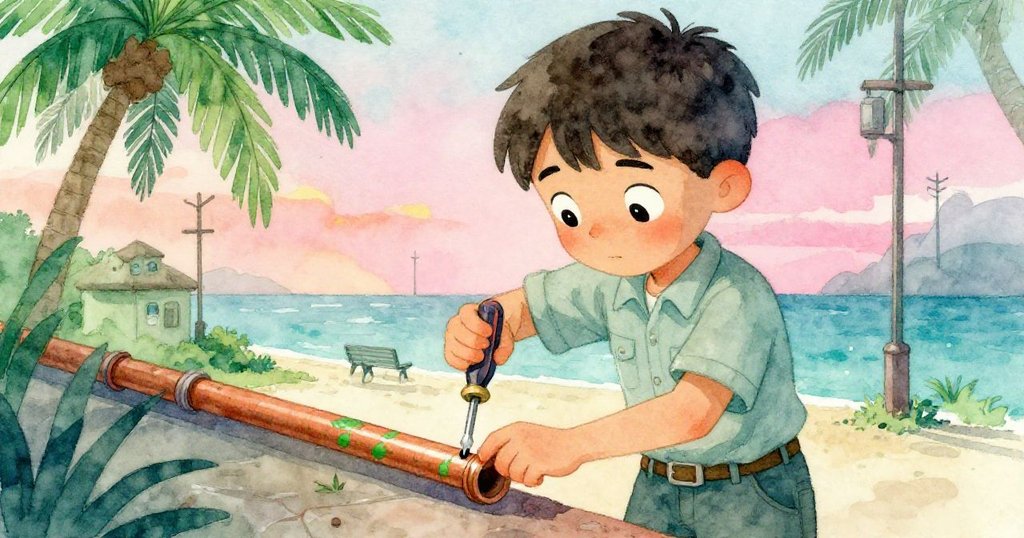 Julian用螺絲刀輕敲銅管,臉上流露決心與好奇,細節展現舊機械與內心奮鬥。