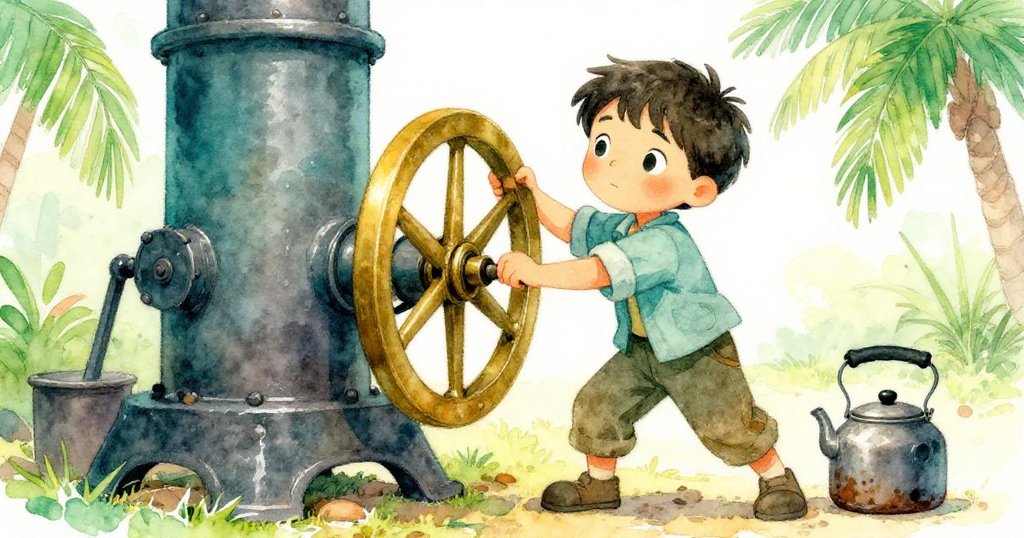 Julian從低角度用力轉動鍋爐上的黃銅輪,堅定手勢與破舊機械細節營造出奮鬥氣氛。