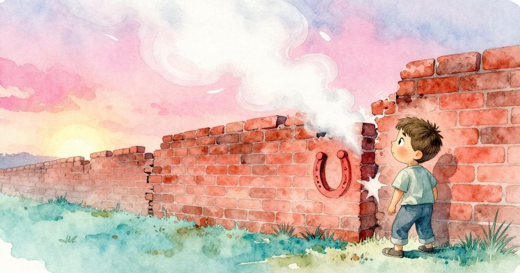 蒸氣沿著斑駁磚牆升騰,顯露出紅色馬蹄印,Julian驚訝凝望,營造出充滿神秘的氛圍。