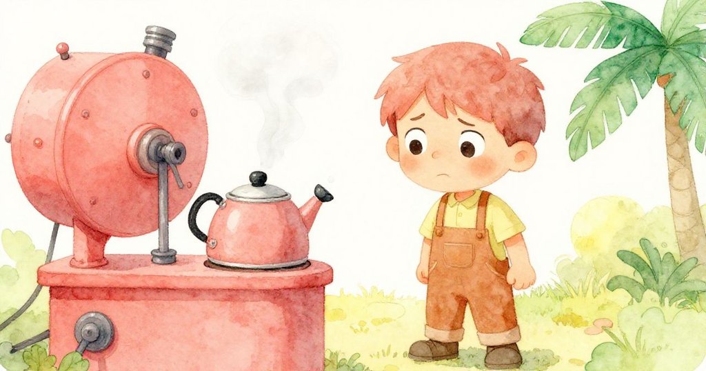 Julian在動蕩的水壺前流露出既憂慮又堅定的神情,內心掙扎與舊機械並存,氛圍溫暖細膩。