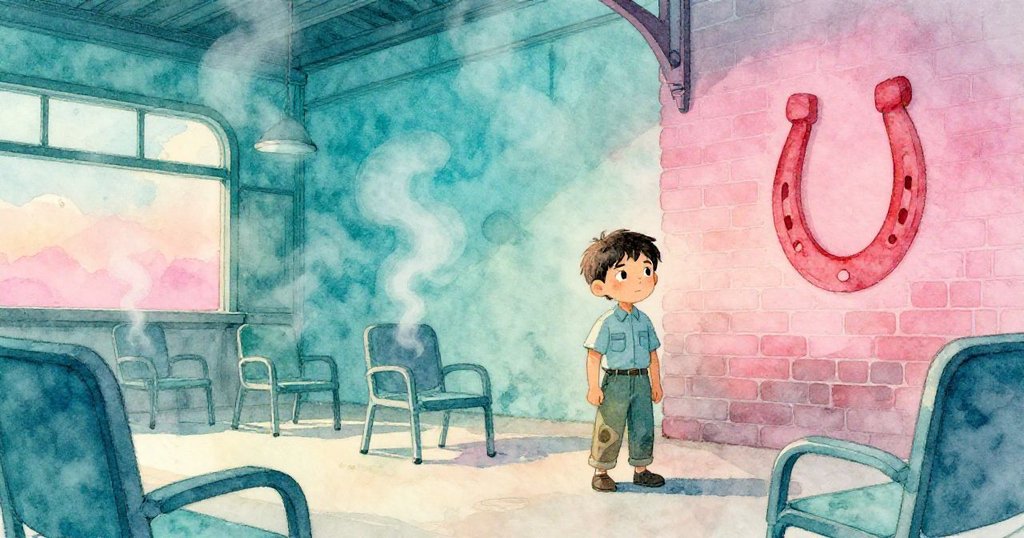 Julian靜立於空椅與飄渺蒸氣之中,凝視著牆上紅馬蹄印,溫柔氛圍中蘊含著神秘邀請與未完传奇。