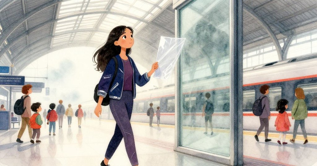 Mira在Halbrook車站大玻璃前邁步，手持煙塑板，晨霧與人群交織，神情專注與期待。