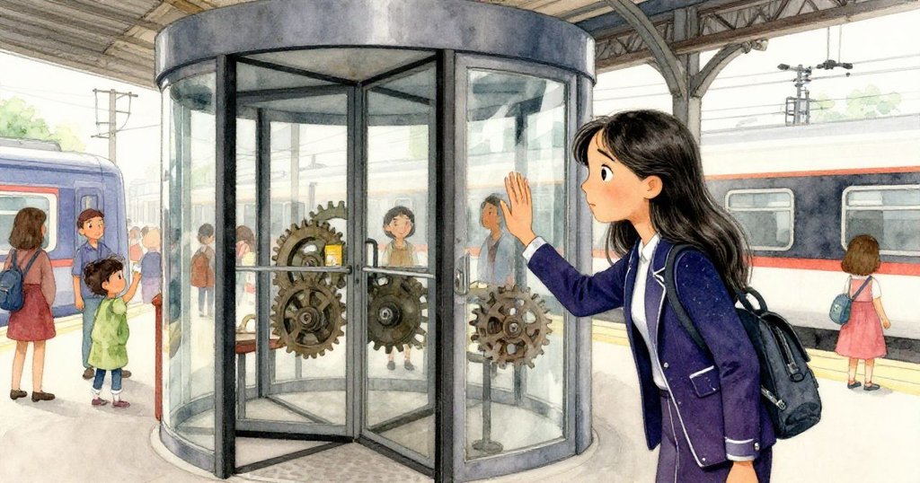 Mira用手推動古舊旋轉門，手掌觸碰斑駁玻璃，展現歷史質感與車站獨特光影。