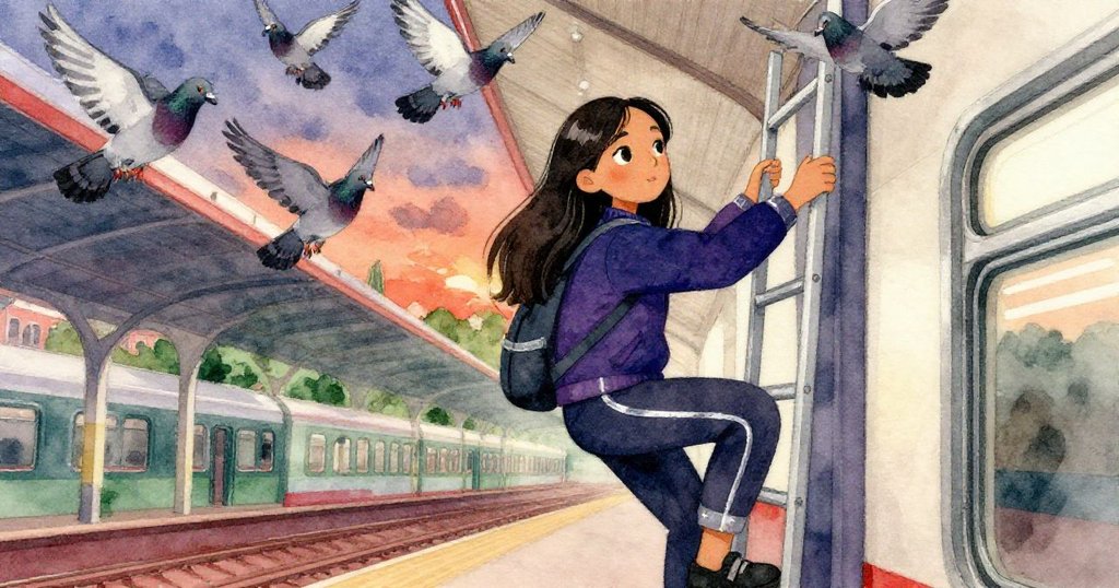 Mira攀爬狹窄維修梯，頭頂鴿群低飛，空間層次分明，光影交錯中顯出專注與驚奇。