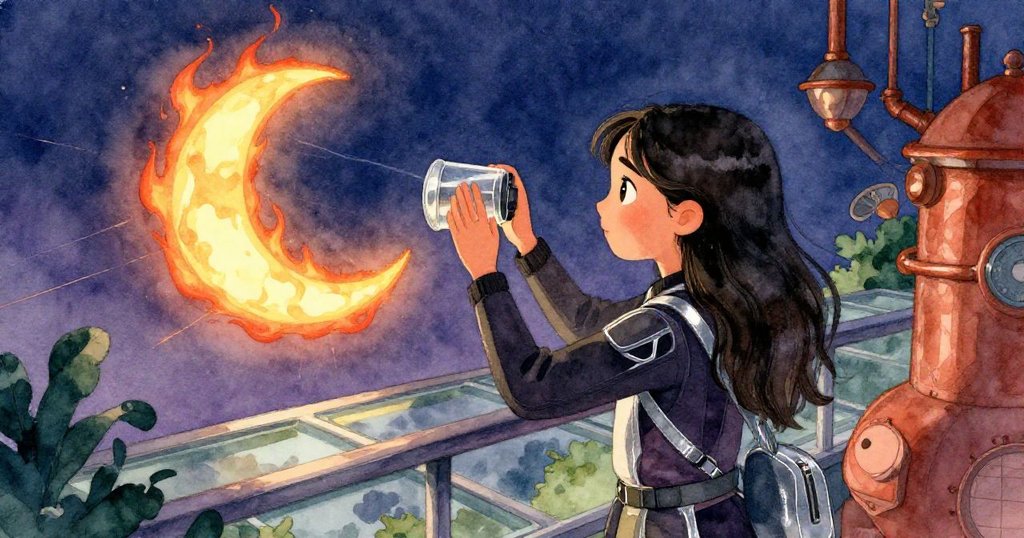 Mira站在觀察台上調整觀察工具，透過煙塑見隱月光，黃昏銅光映襯出驚奇與探索。