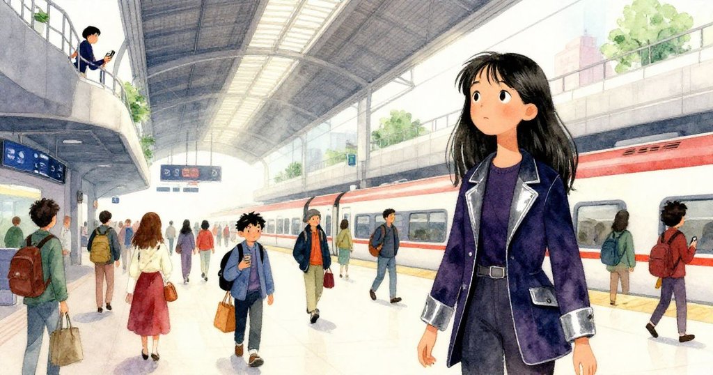 Mira在觀察台上凝視下方的定格旅客，手機、行李靜止，金光穿透車站，呈現寧靜戲劇瞬間。