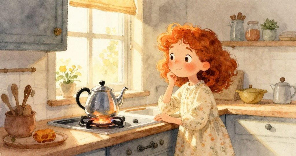 Nora在溫暖小廚房中，站在窗邊欣賞穿透塵埃的陽光，注視著閃亮茶壺，表情柔和期待，早晨氛圍充滿戲劇感。