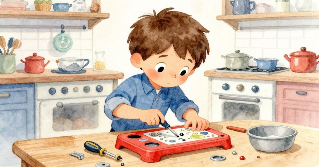 Leo在廚房檯面上擺放工具和備件，仔細檢查破損播放器，面帶決心，工作環境散發冷藍與溫暖交織的光芒。