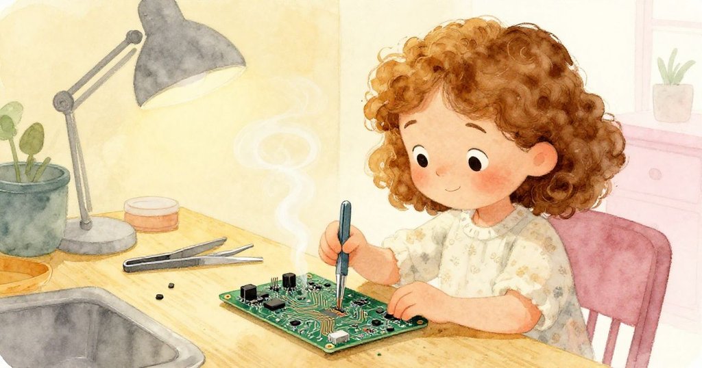 Nora從背後專注清理電路板，手持鑷子細緻操作，銅線上殘留物閃耀微光，臉上堅定神情，溫馨工坊氛圍。