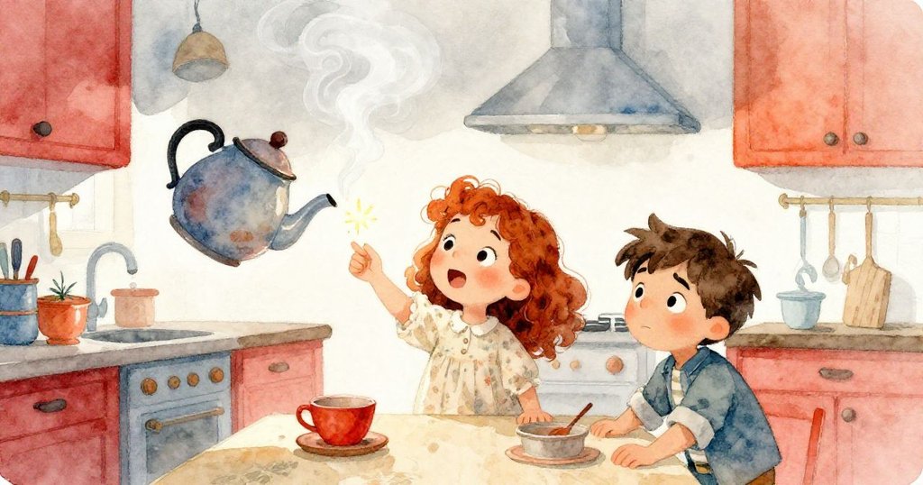 Nora與Leo在廚房中驚訝相視，茶壺噴出蒸氣與煙霧交織出魔幻火花，溫暖與冷光迸發奇妙對比，情緒激昂。