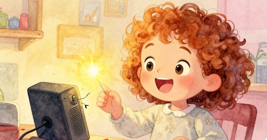 Nora面帶喜悅大笑，近距離展示激活的揚聲器與跳動火花，室內修理區燈光柔和，充滿驚奇與輕鬆情緒。