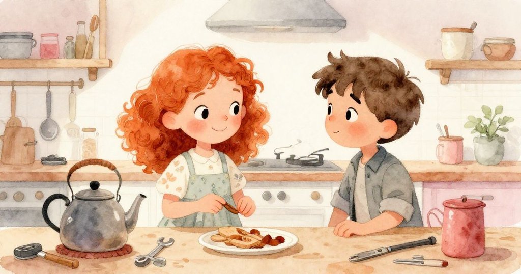 Nora與Leo在溫暖廚房中彼此微笑，茶壺冷卻工具散落，靜謐中蘊含未完冒險，氣氛平和充滿期待。