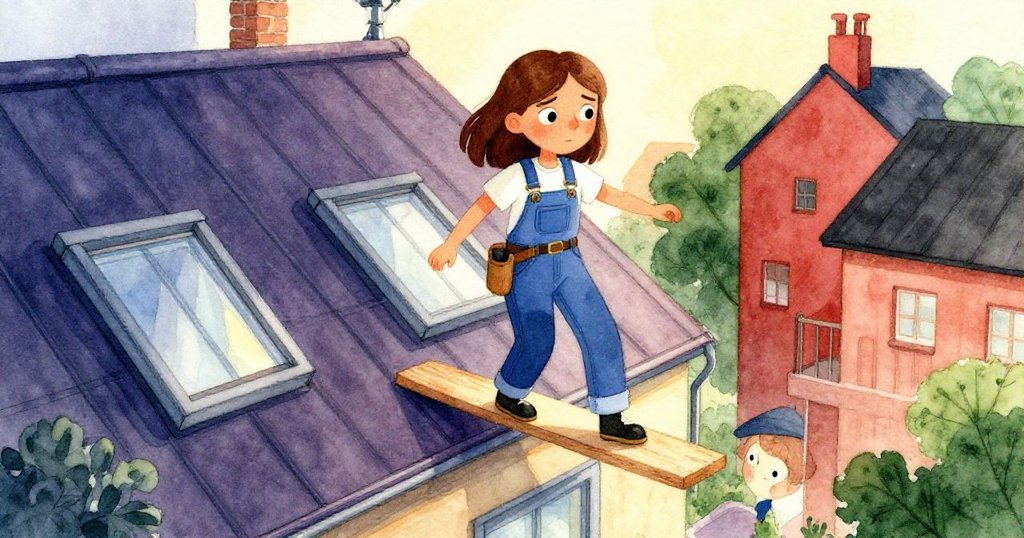 拉拉在溫暖午後的屋頂上平衡行走,表情專注,天空部分被明暗對比映照,開始解決問題。