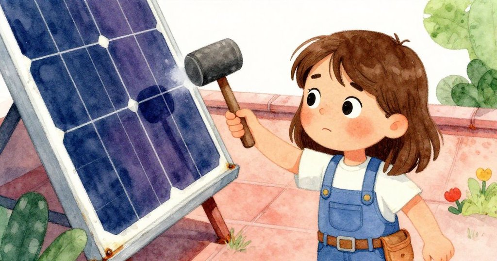 拉拉專注地用小木槌敲擊太陽能板框,特寫白色剝落油漆與生鏽螺絲,細節豐富。