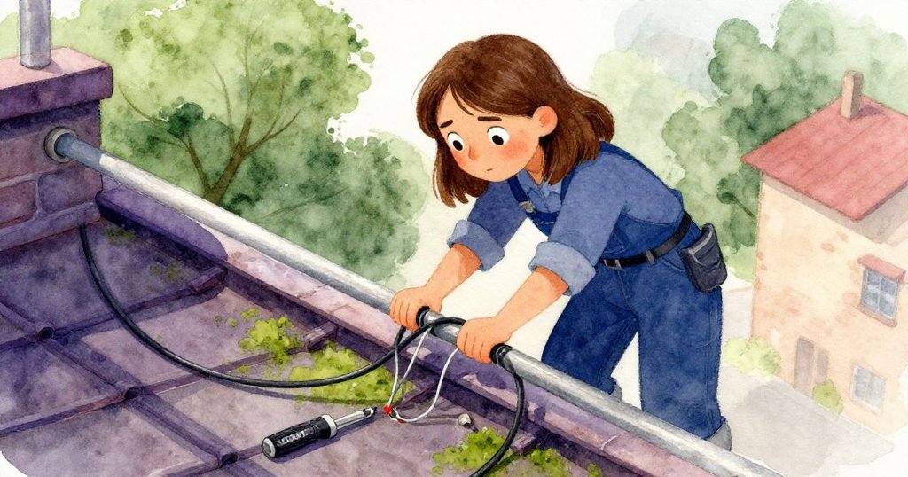 拉拉彎腰小心整理纏繞的SATA纜線,一把滑落的螺絲起子映襯背景苔蘚瓷磚,技術挑戰展現。