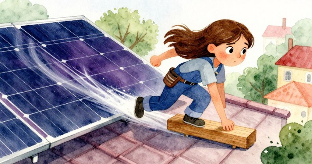 拉拉動作矯捷地推入木塊穩固搖晃太陽能板,動感模糊顯示緊迫感,充滿決心。