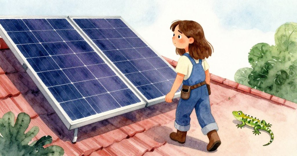 拉拉滿意地後退觀看已穩固太陽能板,臉上透露輕鬆,屋頂平靜中蜥蜴窩依舊藏幽。