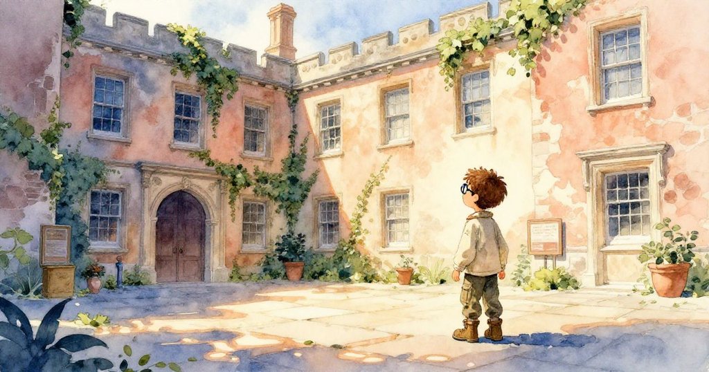 艾略特手提小燈，走向破舊博物館前的入口，背景有老舊牆壁與蔓藤，表情充滿期待與好奇。