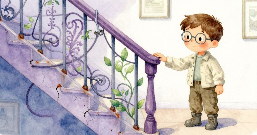 艾略特仔細檢查破損樓梯扶手上斑駁銹跡與纜線細節，手指輕觸顯露歲月痕跡，表情專注而懷舊。