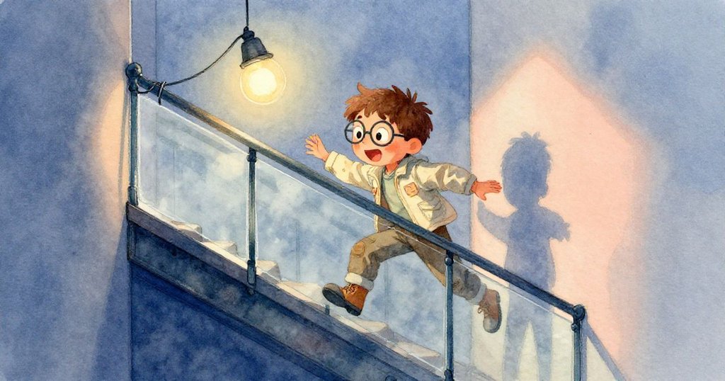 艾略特在傾斜樓梯上攀爬時遇到纜線卡住鐵飾，燈光忽明忽暗，面露驚訝與專注，場景動感十足。