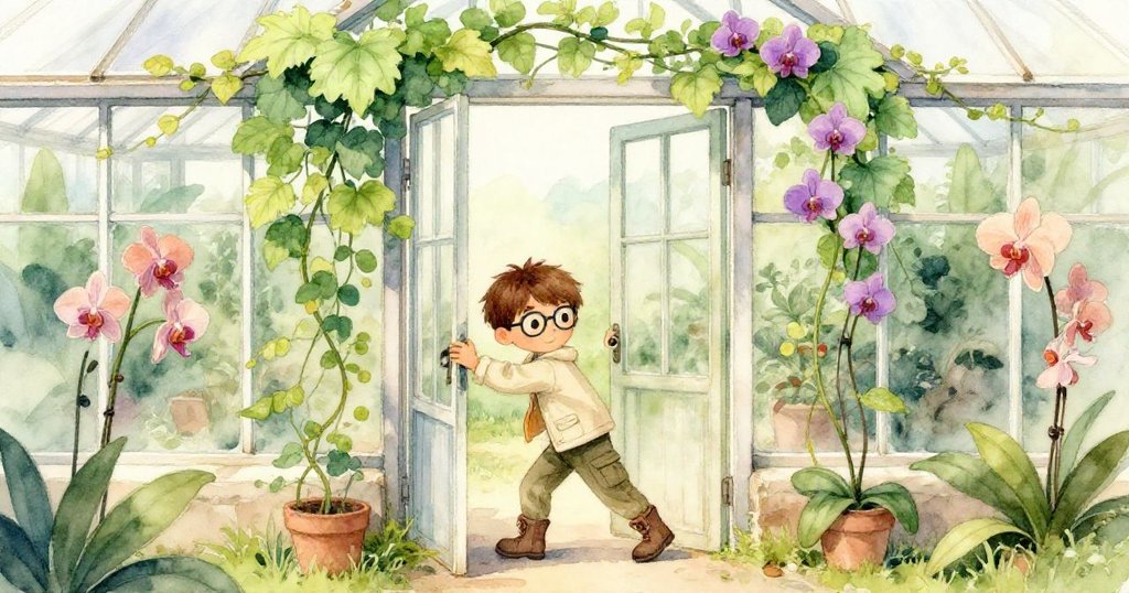 艾略特推開搖搖欲墜的溫室門，暖氣與綠植蜂擁而入，室內布滿藤蔓與蘭花，表情滿懷期待。