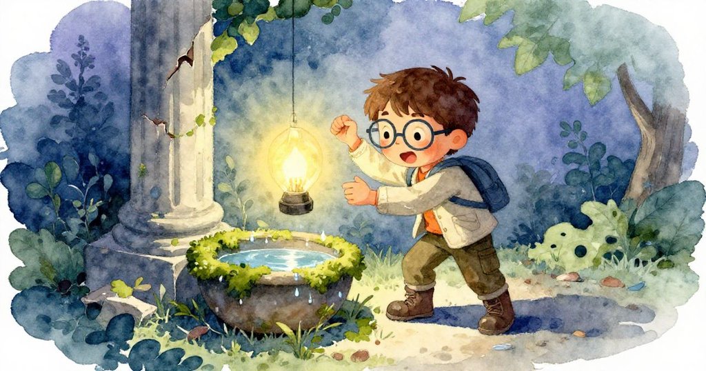 艾略特在溫室內與閃爍燈光和破碎石柱搏鬥，水珠滴落入青苔盆中，臉上流露出堅定與驚奇。