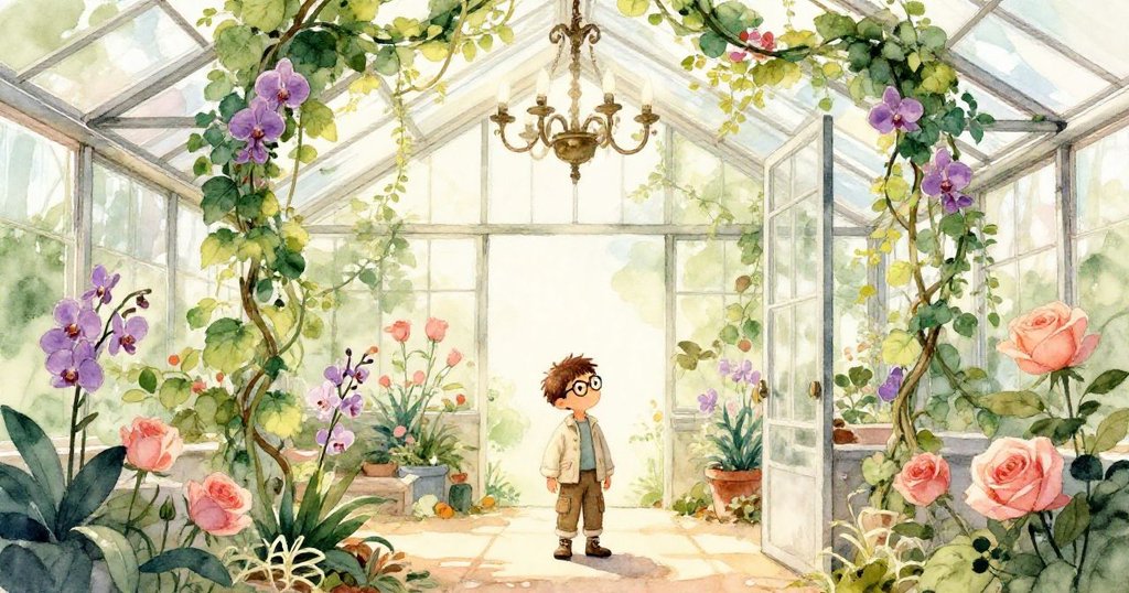 艾略特站在被綠藤與蘭花覆蓋的大溫室中顯得渺小，周遭燈飾斜掛、花卉爭妍，象徵自然重生與希望。