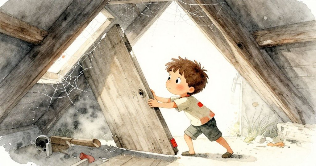 Leo 輕推鬆動木板進入塵埃瀰漫的老閣樓，陽光透進高窗間，塵埃飛舞中展現出好奇期待的情緒。