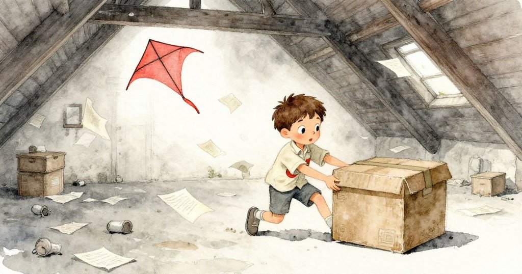 Leo 正專心推動沉重的箱子，舊紙隨之飛舞，紅風箏隱現於塵埃閣樓中，流露出探索與驚喜的情感。