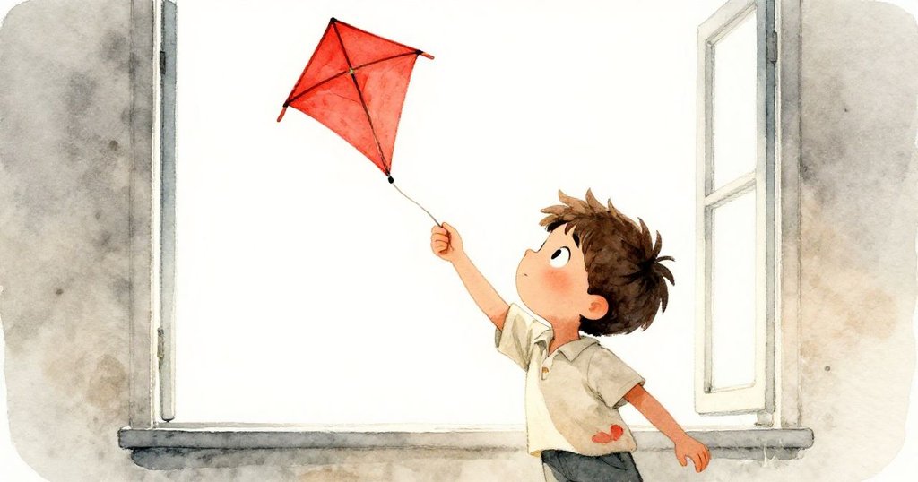 Leo 勇敢舉起紅風箏，低角度凸顯他堅定的神情，背後開窗透入柔光和微風，充滿感激之情。