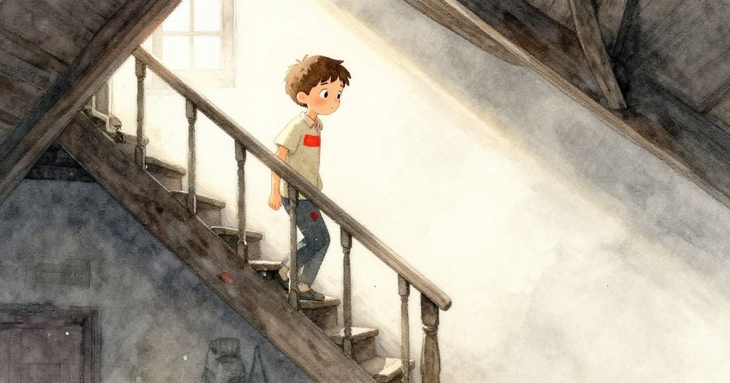 在夕陽柔光下，Leo 靜靜走向樓梯，閣樓中塵埃隨光舞動，展現時光流轉與溫馨收尾的氛圍。