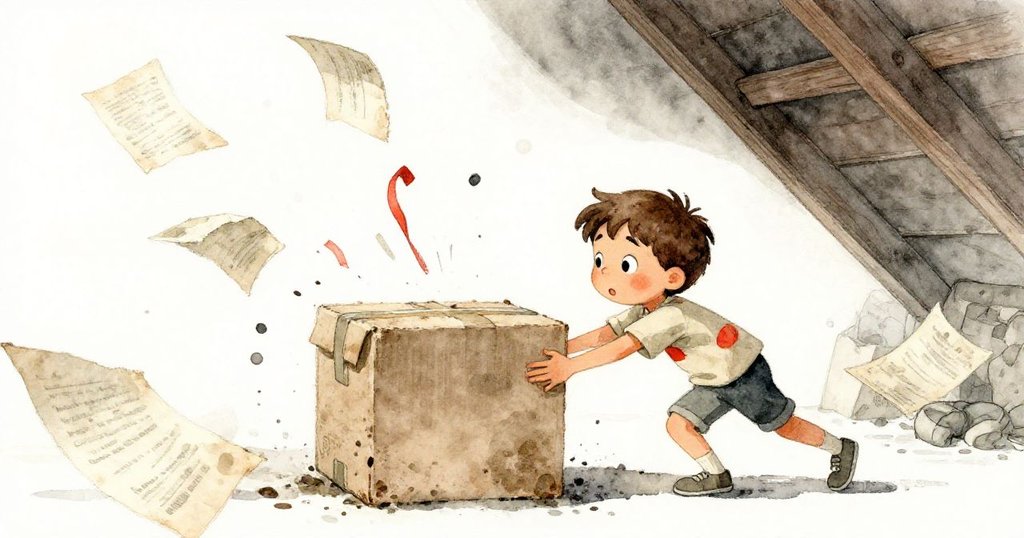 Leo 奮力推動沉重箱子，紙張與緞帶因陣風飛舞，他滿臉專注與堅持，展現挑戰中的努力與不放棄。