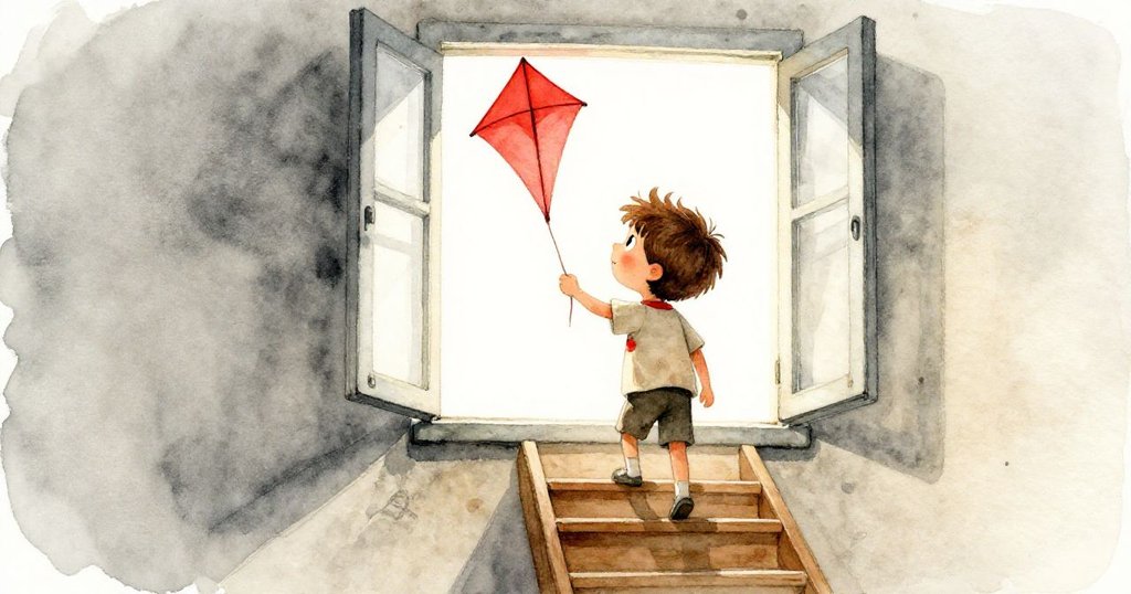 Leo 手持紅風箏，口袋中藏著秘密筆記本，堅定走向開窗的新路，眼神透露未來希望與全新冒險。