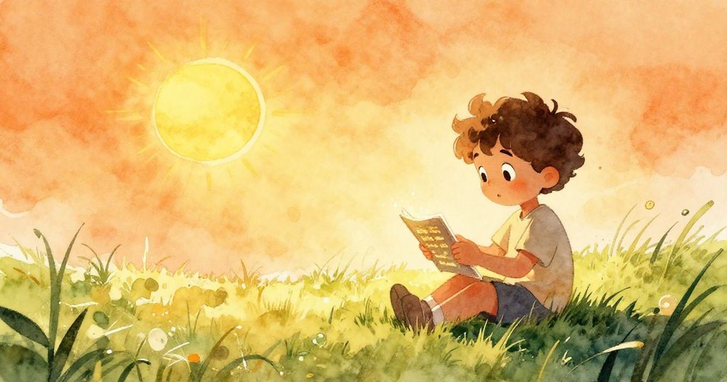 米洛坐在翠綠草地上，剪影中開啟發光書本，陽光灑下溫暖光芒，神情專注且充滿期待。